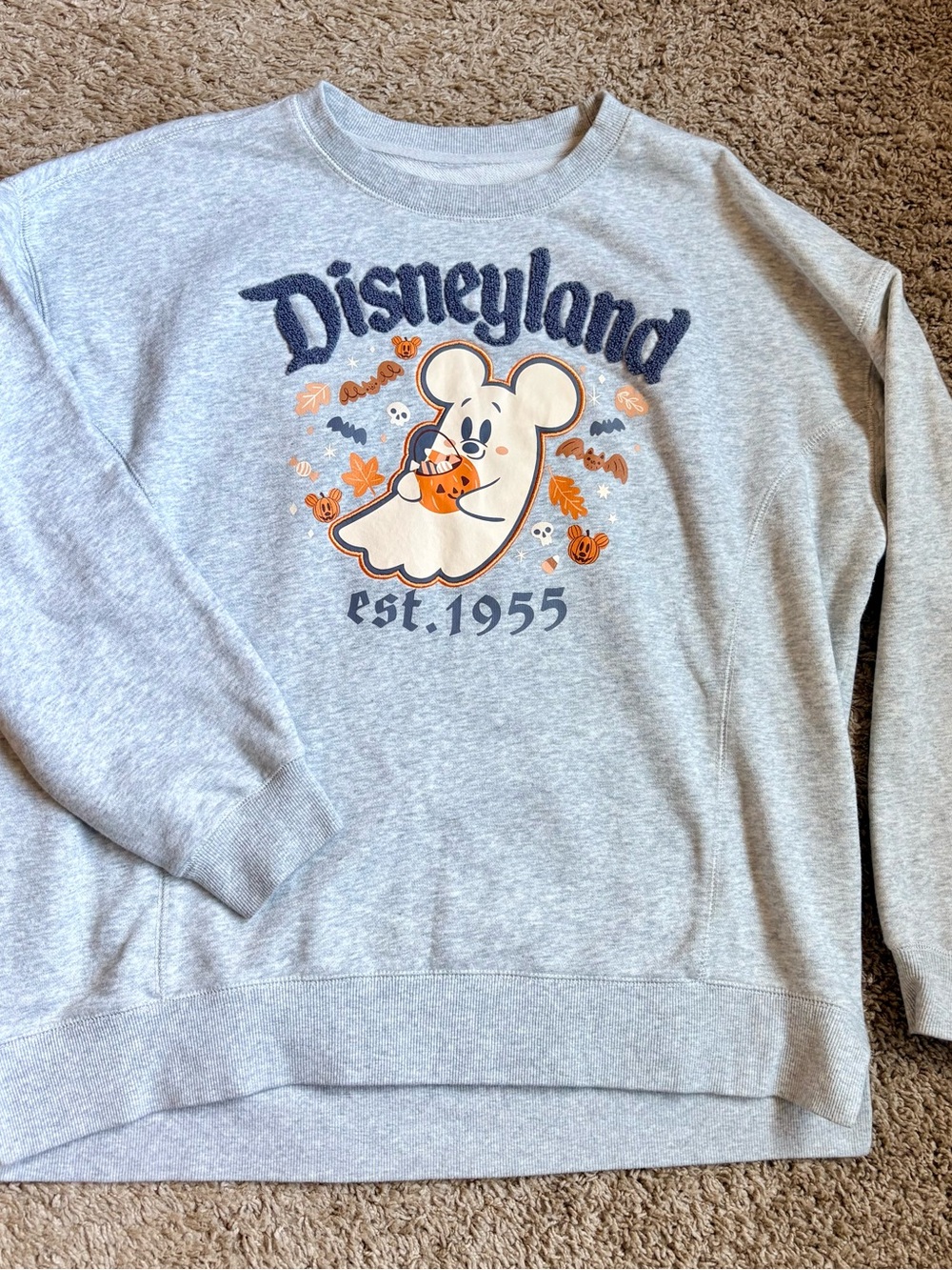 Disney Light Gray Crewneck Sweatshirt with Halloween Ghost Mickey Graphic